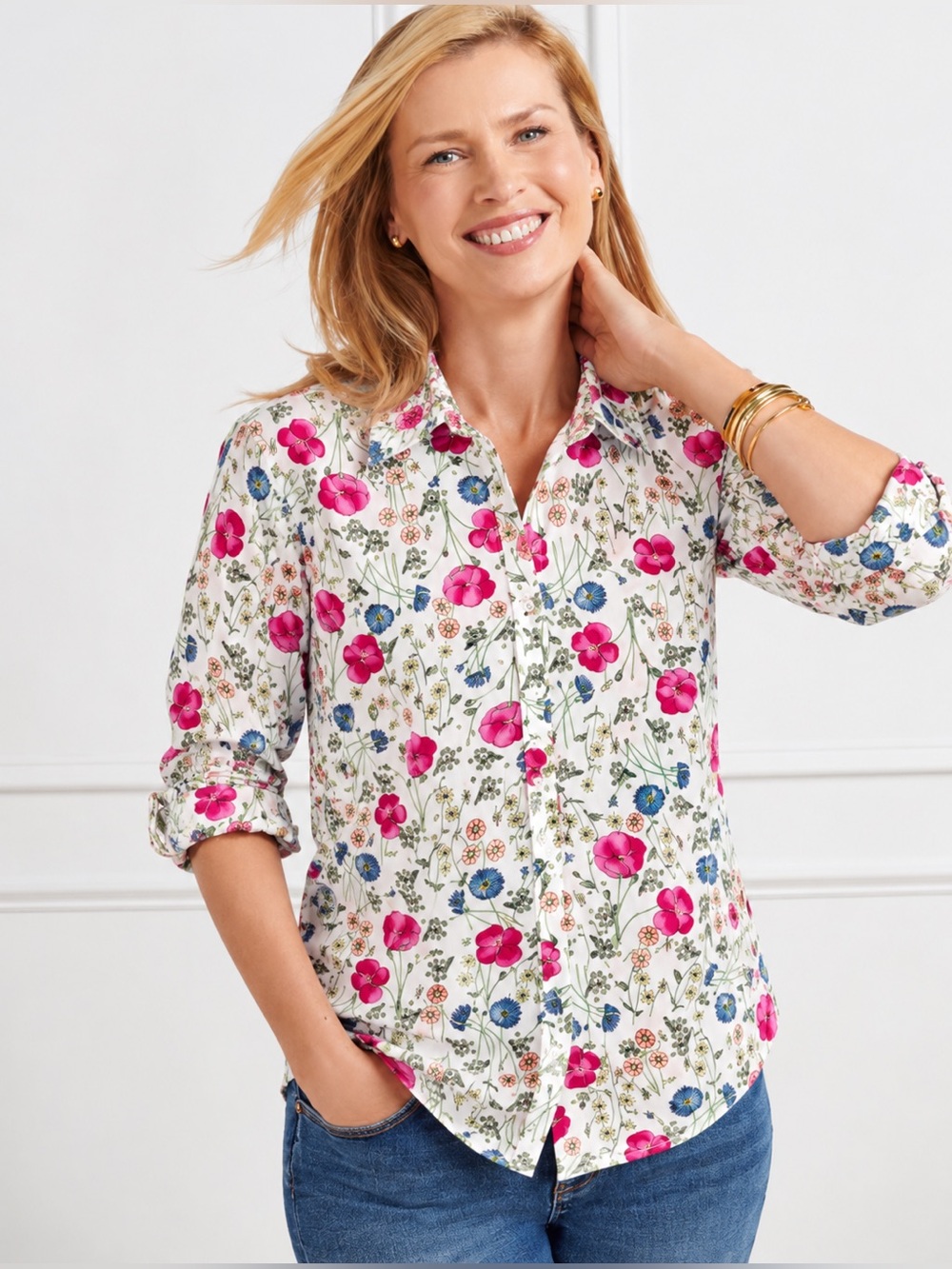 NEW Talbots Floral Button Front Oxford Long Sleeve Top Shirt 383